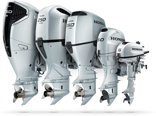 A line-up of white Honda outboard motors, from a large offshore engine down to a small portable one